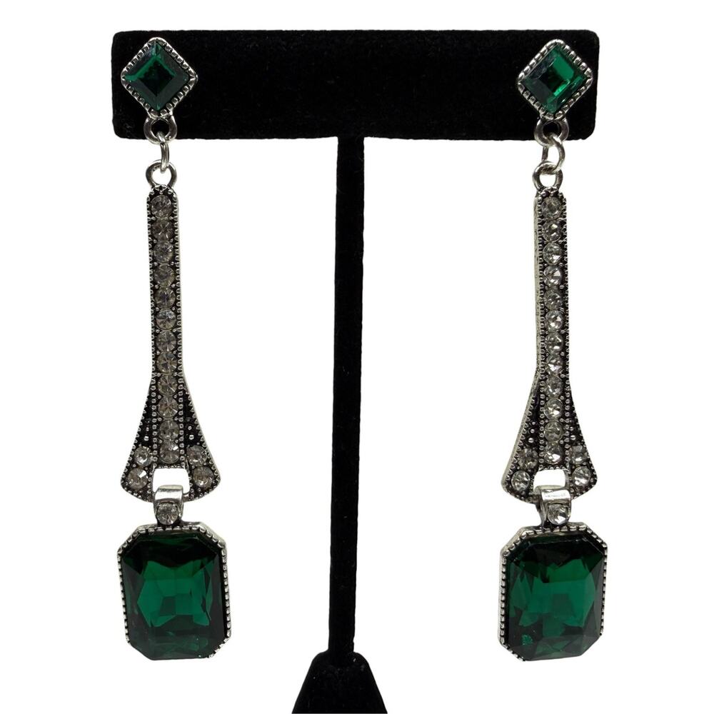 Art Deco Style Emerald Green Crystal Dangle Drop Earrings Silver Tone 3.5 in